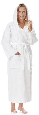 Productafbeelding van Damesbadjas met capuchon, extra lang, 100% katoenfleece, maat: M (extra lang), kleur: wit