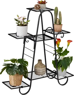 Produktbild von Relaxdays Blumentreppe Metall, Vintage, HxBxT: 83 x 75 x 24 cm, Pflanzenregal innen, Blumentreppe mit 7 Ablagen, schwarz