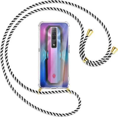 Produktbild von Handykette Backcover-Schutzhülle mit Band (Metall goldfarben) für ZTE nubia Red Magic 7 - schwarz/weiß gestreift