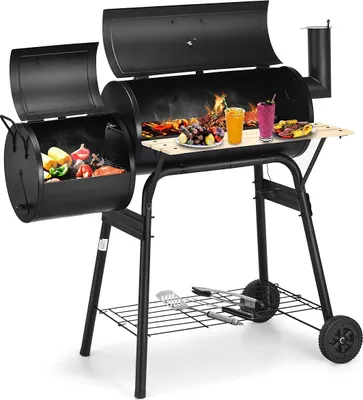 Produktbild von GOPLUS Holzkohlegrill mit Deckel, 2 in 1 Räucher- & Grillfunktion, Grillwagen mit 2 Grillrost, BBQ Grill auf Rädern für Picknick, Party, Camping