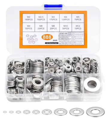 Produktbild von 888-teiliger Unterlegscheibensatz aus Edelstahl, Karosserie-Unterlegscheiben-Sortiment, Flachscheibensätze für Schrauben, M2 M2,5 M3 M4 M5 M6 M8 M10 M12
