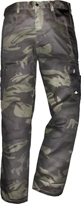 A pair of camouflage pants is shown against a white background.