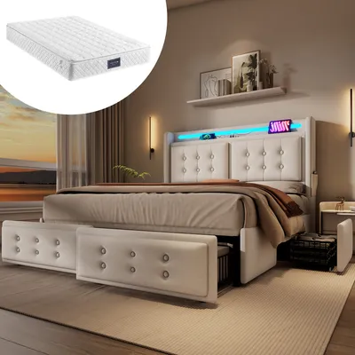 Produktbild von okwish Polsterbett Doppelbett 140 x 200 cm mit USB-Ladeanschluss und LED-Beleuchtung, Funktionelles Stauraumbett mit 4 Schubladen(Mit Matratze)- Beige