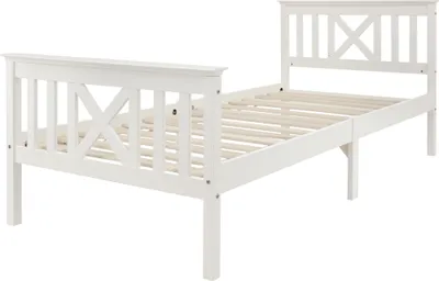 Produktbild von MODFU Kinderbett 90 x 200 cm, Einzelbett Kiefer massiv, Kleinkinderbett, Jugendbett, mit Lattenrost, Holzbett mit Kopfteil, einfacher Auf- und Abbau, weiß