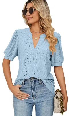 Produktbild von Damen Kurzes T-Shirt V-Ausschnitt mit Puffärmeln Himmelblau