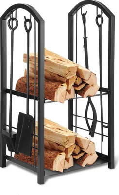 Produktbild von Vigevee 2-stufiges Kaminholzregal mit 4-teiligem Kaminbesteck, 37 × 33 × 74 cm, Eisen, Schwarz, für Kamin und Ofen