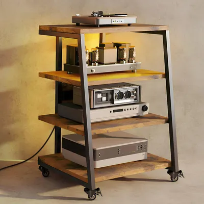 Produktbild von 4-stufiger HiFi Rack mit Rädern, Schrank mit Steckdosenleisten, LED-Leuchten, Verstellbaren Ablage Holz Medienständer HiFi Regal für Audioanlage