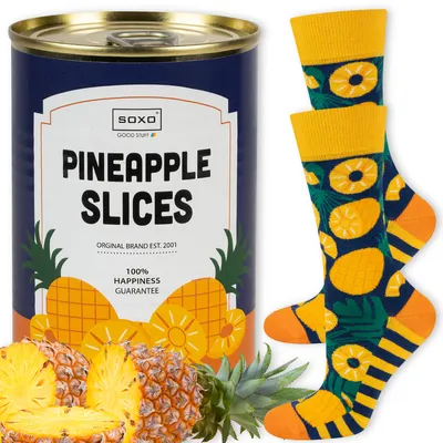 Produktbild von Socken in Dose von SOXO - Ananas-Motiv - Größe: 40-45 - Herren Baumwoll-Socken - Lustig und bunt - Ideal als Geschenk - Geschenk für Männer