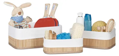 Produktbild von Relaxdays Aufbewahrungskorb 3er Set, Stoffbezug, Bambus, rechteckig, Bad, Accessoires, Spielzeug, Allzweckkorb, natur