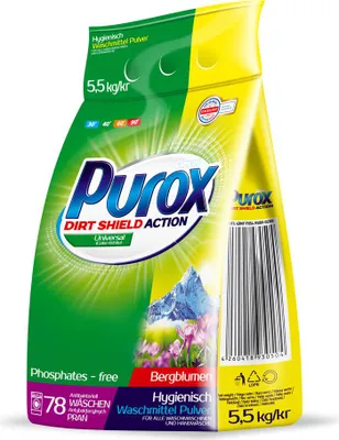A bag of Purox laundry detergent with a mountain and flower graphic.