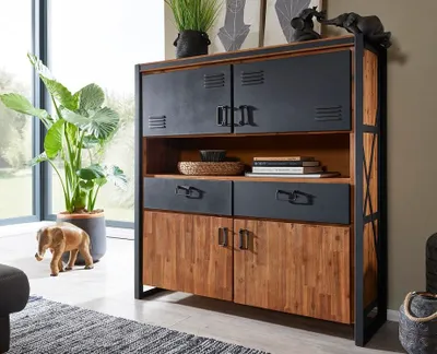 Produktbild von Highboard 141x150cm 'Montreux' Akazie & Metall schwarz