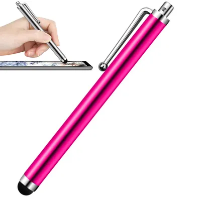 A hand holding a silver stylus pen over a tablet, with a pink stylus pen in the foreground.