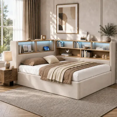 Produktbild von Flieks Hydraulisches Schlafsofa 90x200cm mit Stauraum, Polsterbett mit USB und Type-c, Tagesbett Einzelbett Jugendbett mit Led, Samt, Beige