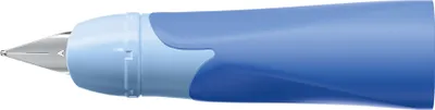 Close-up of the nib and grip of a blue fountain pen.
