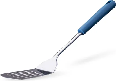 Produktbild von Fackelmann Schlitzwender Essential aus Edelstahl mit ergonomischem dunkelblauen Griff Ideal für jede Küche, spülmaschinengeeignet