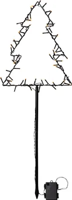 A decorative LED light shaped like a Christmas tree on a black pole with a battery pack at the base.