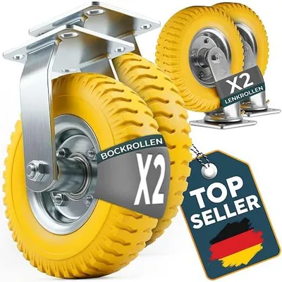 Produktbild von Rollen-Set 8 Zoll 2.50-4 – 2 Bockrollen und 2 Lenkrollen – pannensichere PolyurethanRäder ? 210 mm mit Stahlfelge – bis 120 kg – für Transportwagen