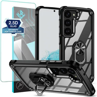 Produktbild von Handyhülle für Samsung Galaxy S22 mit 9H Displayglas Displayschutz High Tech Case Schutz SmartphonehülleTransparent Aufprallschutz Farbe: Schwarz