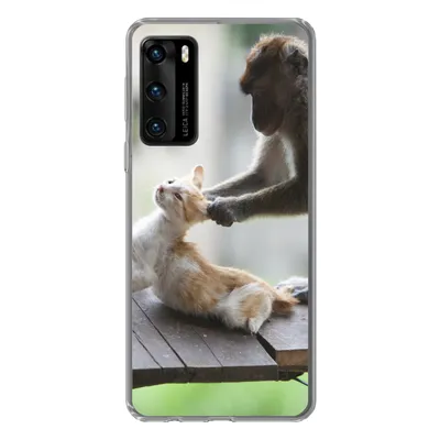 Produktbild von MuchoWow® Handyhülle Schutzhülle Hülle für Huawei P40 Katze - Affe - Holz Silikon Softcase Handy Hülle - Handytasche