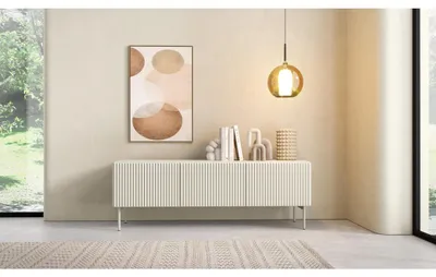 Produktbild von Gefräster TV-Schrank 147 cm, 3-türig MUDI, eleganter und moderner TV-Schrank für Wohnzimmer, stilvoller TV-Schrank mit Regalen, Farbe: Kaschmir