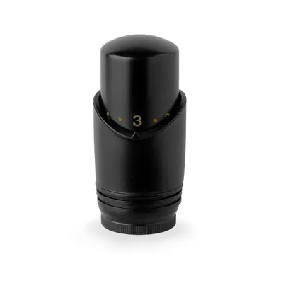 A black thermostat head with gold markings is shown against a white background.