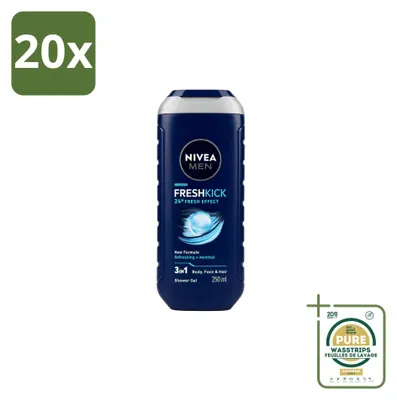 Imagen del producto de 20 unidades de gel de ducha 3 en 1 Nivea Men Fresh Kick - 250 ml - Paquete de suministro - 20 piezas