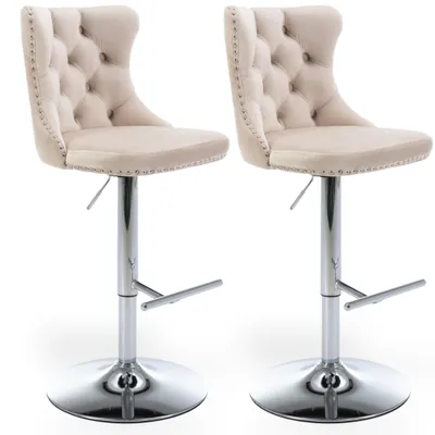 Produktbild von Samt-Barhocker 2er Set, höhenverstellbar 63–84 cm, 360° drehbar, mit Lehne, Fußstütze und Tellerfuß, Beige