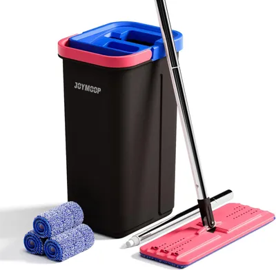 Image de Kit de serpillière avec seau, autonettoyant, comprenant 3 microfibres, pour sols, de couleur noire, rouge et bleue