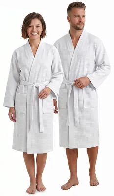 Produktbild von NYVI Bademantel NYVISpa Waffelpique - Uni Saunamantel für Damen & Herren - luftig leichter & atmungsaktiver Morgenmantel aus 100% Baumwolle - Saugfähig & Schnelltrocknend - L Weiß