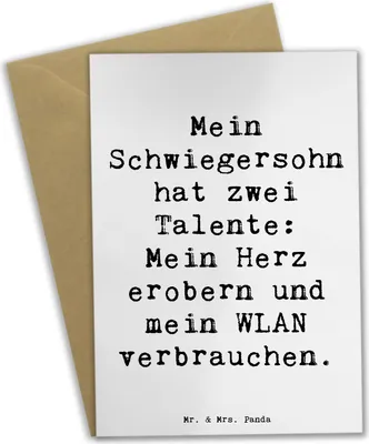 Produktbild von Mr. & Mrs. Panda Glückwunschkarte Spruch Schwiegersohn Talente - Weiß - Geschenk, Liebe, Humor, Familie, dankeskarten, Beziehung, vatertagskarte, einladungskarten, WLAN