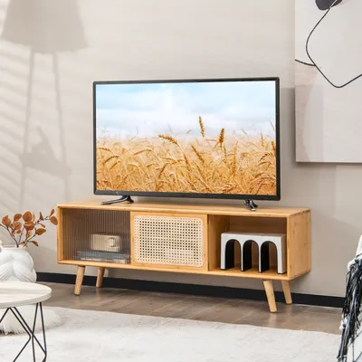 Produktbild von COSTWAY Stojak pod telewizor Szafka pod telewizor do 55 cali, szafka pod telewizor z 2 przesuwanymi drzwiami, szafka pod telewizor, konsola multimedialna do salonu, sypialni