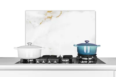 Obrázek produktu pro KitchenYeah® Odstřikovač kuchyňské linky - Odstřikovač kuchyňské linky - Ochrana stěny sporáku a dřezu - Mramor - Zlatá - Bílá - 70x50 - Alu-Dibond (alternativa ke skleněnému odstřikovači) - Tepelně odolný - Odstřikovač sporáku