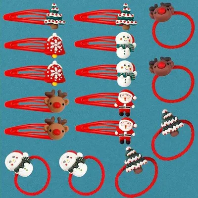 Image de Accessoires de Noël pour les cheveux, lot de 16 pièces, barrettes, élastiques, rouge