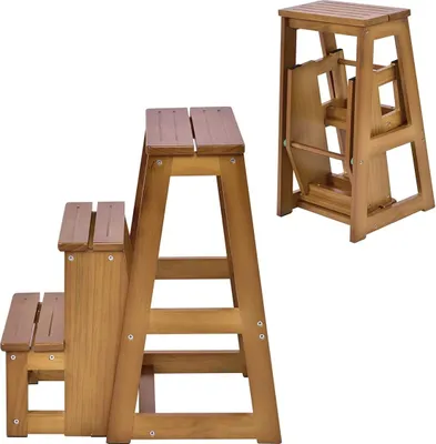 Produktbild von dreistufiger Tritthocker Klappstufen, Trittleiter aus Holz, Treppenstuhl klappbar, Leiterstuhl Hockerleiter Klapphocker, Faltstuhl Trittstuhl Haushaltstritt mit 3 Stufen (Walnuss)