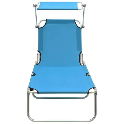 A blue folding lounge chair with a sunshade, shown from the front on a white background.