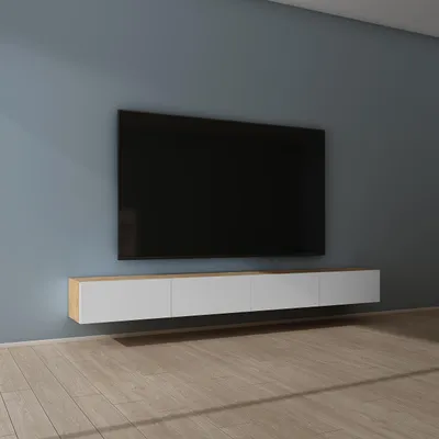 Produktbild von Mai & Mai Fernsehschrank Verdeckter Griff mit Soft-Close Lowboard Hängeschrank für Wohnzimmer in Kerneiche + Matt Weiß BTH: 280x40,2x30 cm Fernsehschrank02