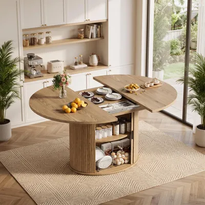 Produktbild von Esstisch Ausziehbar Oval/Runder mit Schiebetür und Stauraum für 4-8 Personen, Esszimmertisch mit Lagerregal für Esszimmer Wohnzimmer 110-150x110x75CM