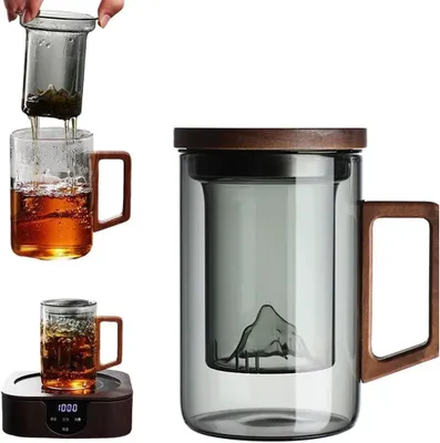 Produktbild von 450 ml hitzebeständiger Glasbecher mit Siebeinsatz und Deckel – Geschenkidee