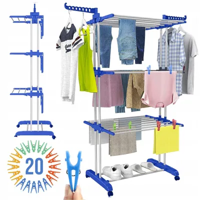 Produktbild von 3-stöckiger, zusammenklappbarer XXL-Wäscheständer für Kleidung + 20 Wäscheklammern