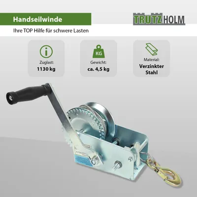 Produktbild von Handseilwinde 1130 kg Zuglast 10m Seil 5mm Seilstärke zweifache Übersetzung