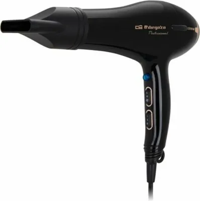 A black professional hair dryer is shown against a white background.