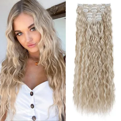 Obrázek produktu pro Sponkové prodlužovací vlasy, 60 cm, vlnité, blond s bílými pramínky, sada 6 kusů, 145 g, syntetické