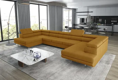 Produktbild von GOLDSTOFF ASTON U-Sofa mit Schlaffunktion und Bettkasten – Ecksofa U-Form mit KomfortPolsterung & XXL Wohnlandschaft|Schlafsofa mit Stauraum Senffarbe