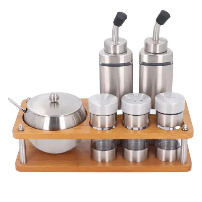 Image de Set de distributeurs d'épices de cuisine avec socle en bois, set de bouteilles multifonctionnelles pour l'huile et le vinaigre, adapté au sel, au sucre, au vinaigre et aux épices