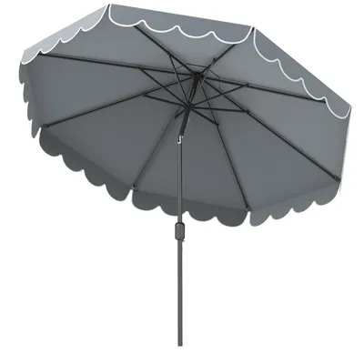 A gray patio umbrella with a scalloped white edge, shown from underneath.