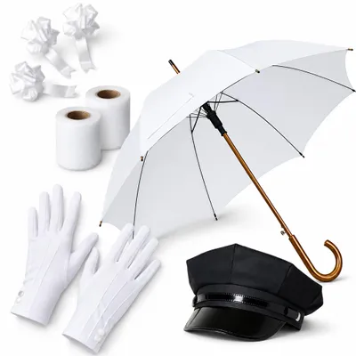 8-teiliges Chauffeur-Set mit weißem Schirm, Schirmmütze, Handschuhen, drei Autoschleifen und zwei Tüllrollen.