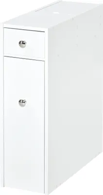 A white bathroom storage unit with a drawer and a cabinet door.