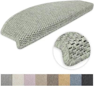 A close-up view of a light green stair mat, with a magnified inset showing the texture of the material. Below the main image, a row of color swatches represents available color options.