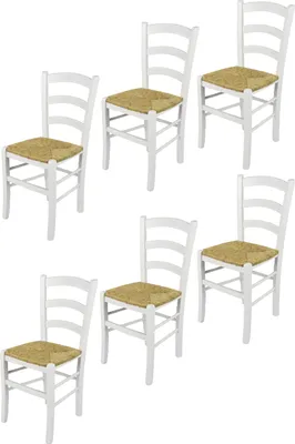 Produktbild von t m c s Tommychairs - 6er Set Stühle VENEZIA für Küche und Esszimmer, robuste Struktur aus lackiertem Buchenholz im Farbton Weiss (deckend) und Sitzfläche aus Stroh