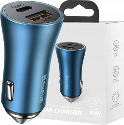 Image de Baseus Golden Contactor Pro Chargeur de voiture, Usb + Usb-C, Qc4.0+, Pd, Scp, 40W (Bleu)